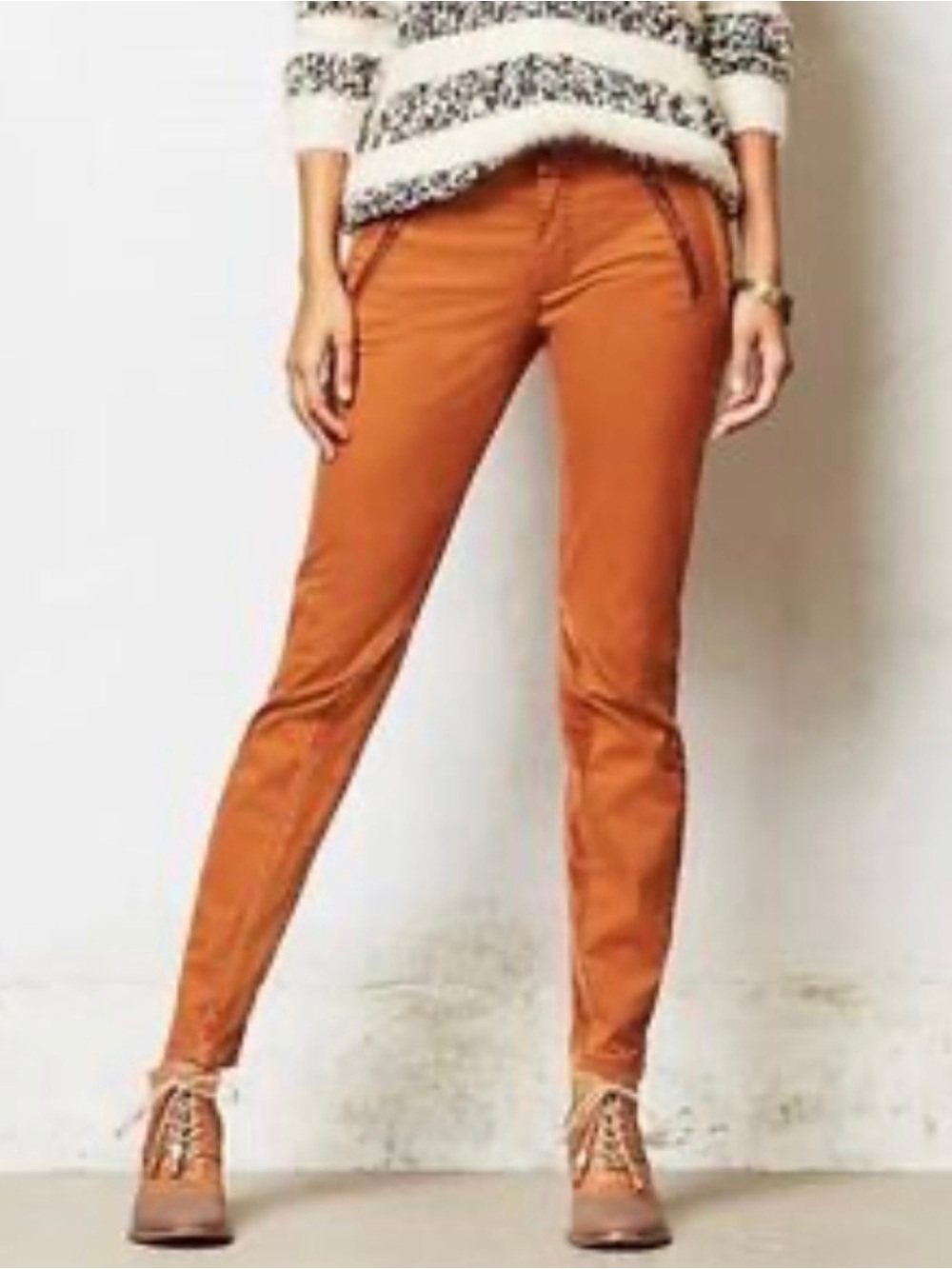Anthropologie Pilcro No. 06 Rust Orange Moto Skinny Pants Velvet Trim Size 28